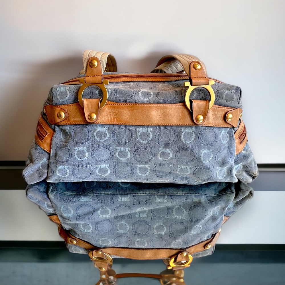 Ferragamo cotton blue denim shoulder satchel leather w/dustbag #H76c - Picture 2 of 10